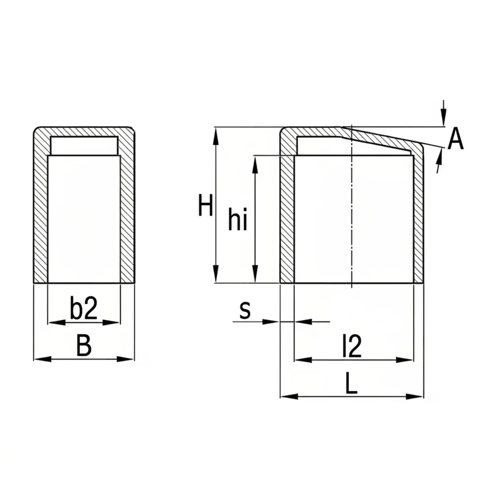 Plano de dimensiones Tapón inclinado para tubo rectangular