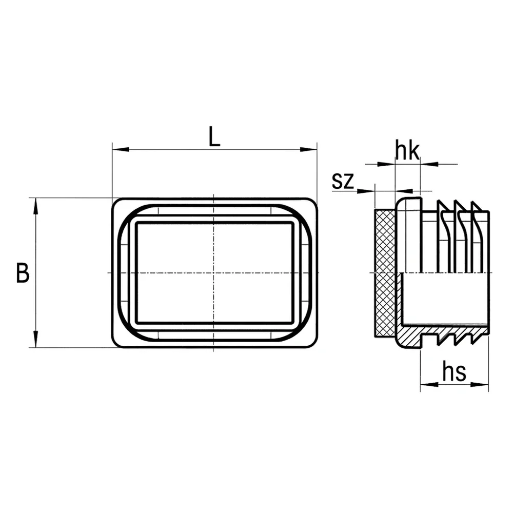 Plano acotado Contera rectangular con aletas PE 20x15x1.0-2.0 - fieltro - Negro