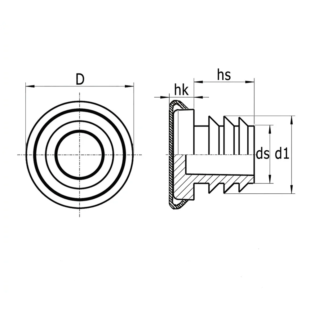 Plano acotado Contera redonda con aletas PE Ø20mm - 1.5-2.0mm - patín de acero inoxidable V2A - negro