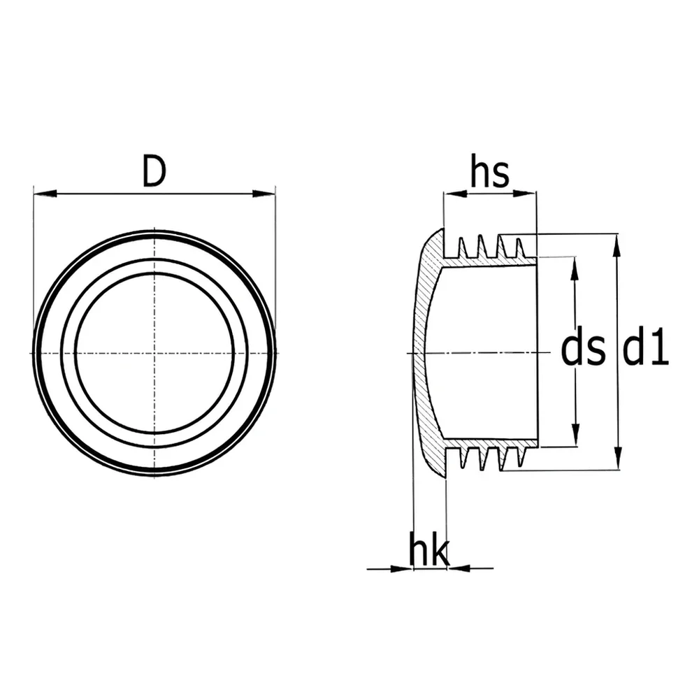 Plano acotado Contera con aletas de cabeza semiesférica TPE Ø20mm - 1.0-2.0mm - Negro