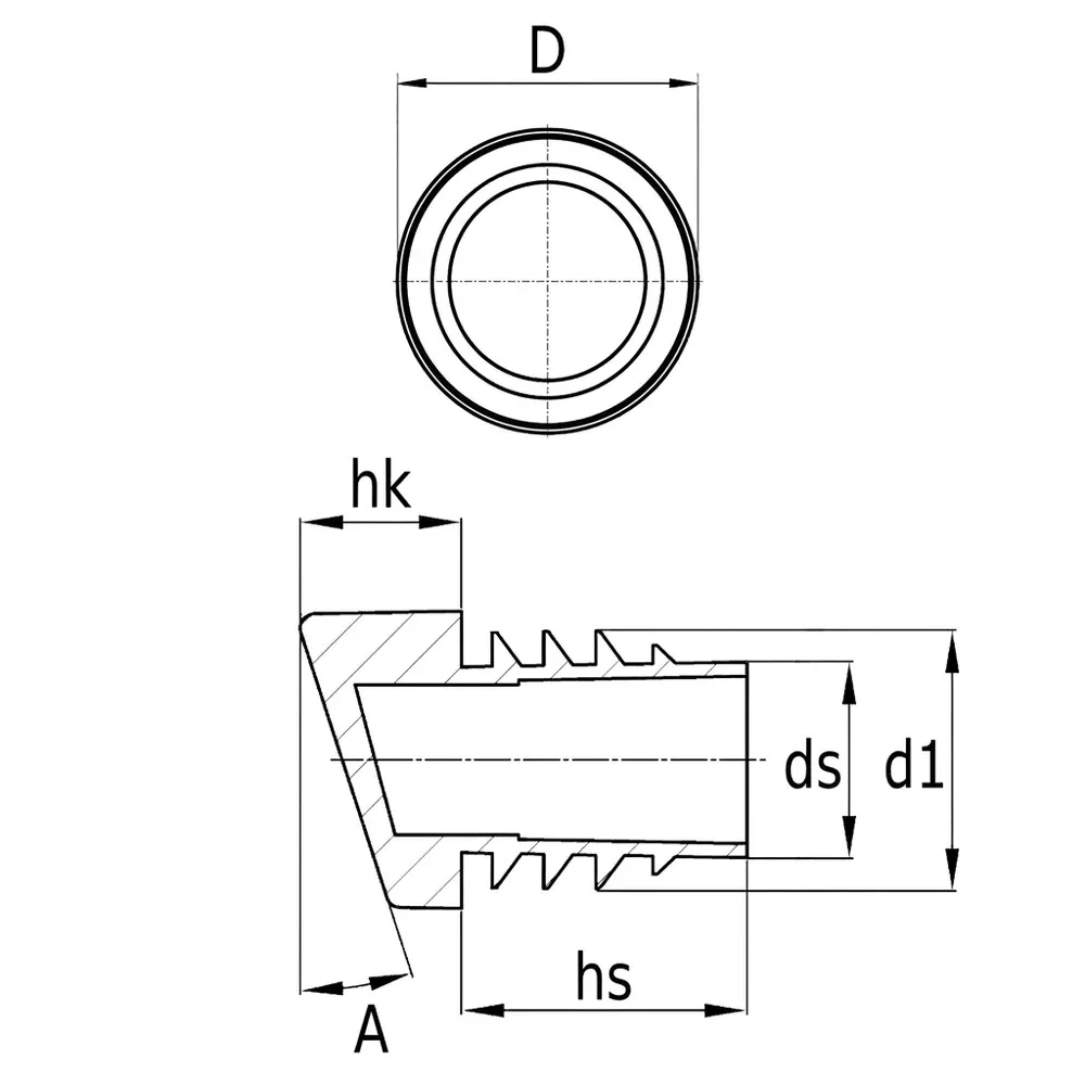 Dibujo técnico: Contera inclinada para tubo redondo