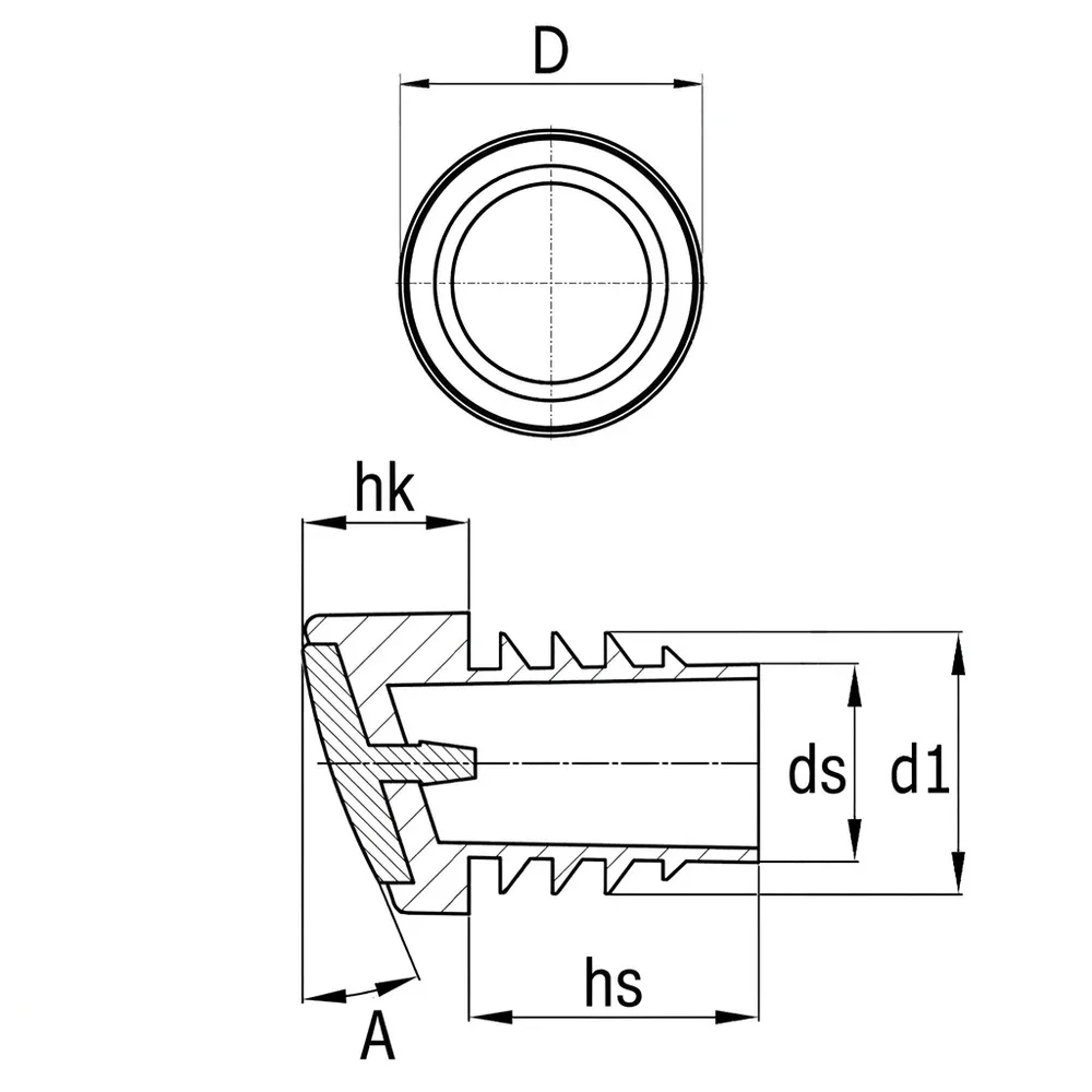 Dibujo técnico: Contera redonda inclinada con base de fieltro