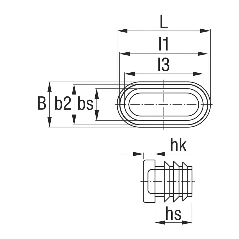 Plano de dimensiones Contera ovalada plana para tubo