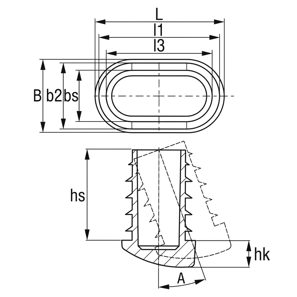 Plano de dimensiones Contera ovalada inclinada corta