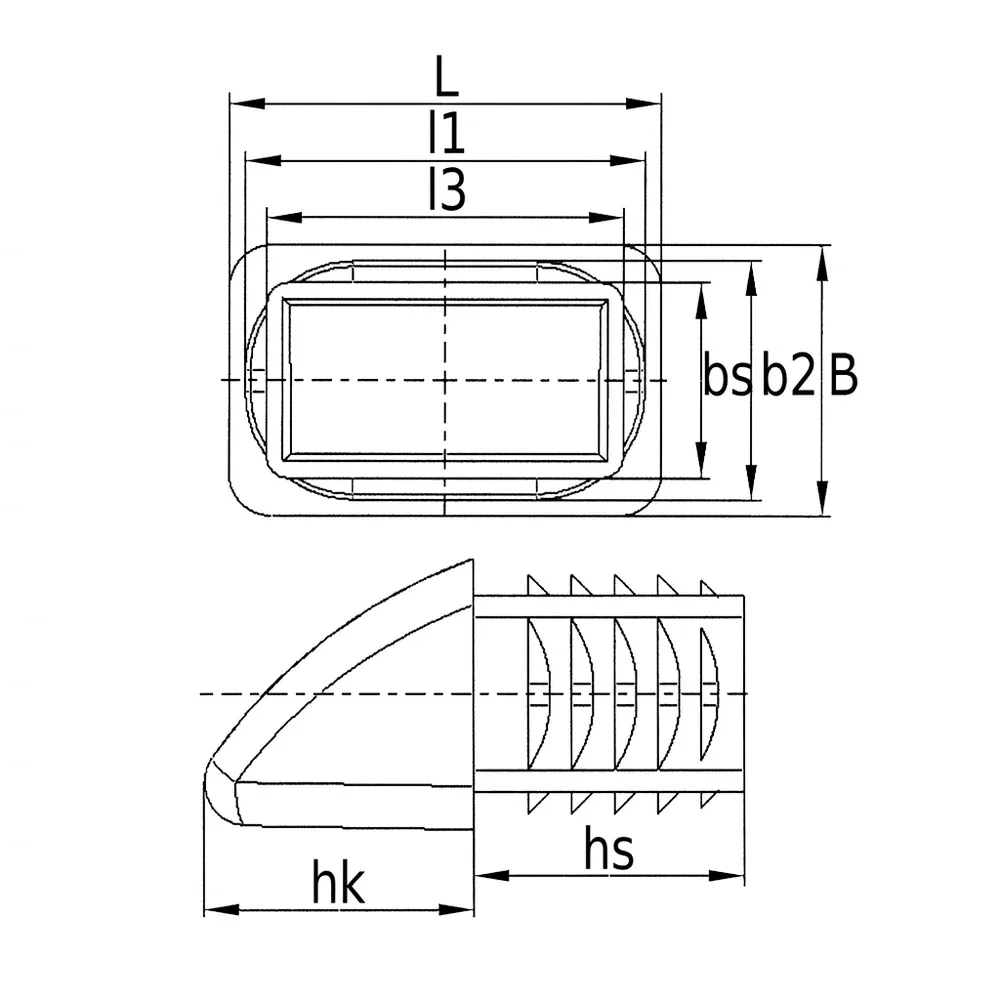 Dibujo técnico: Contera angular de acabado para tubos rectangulares