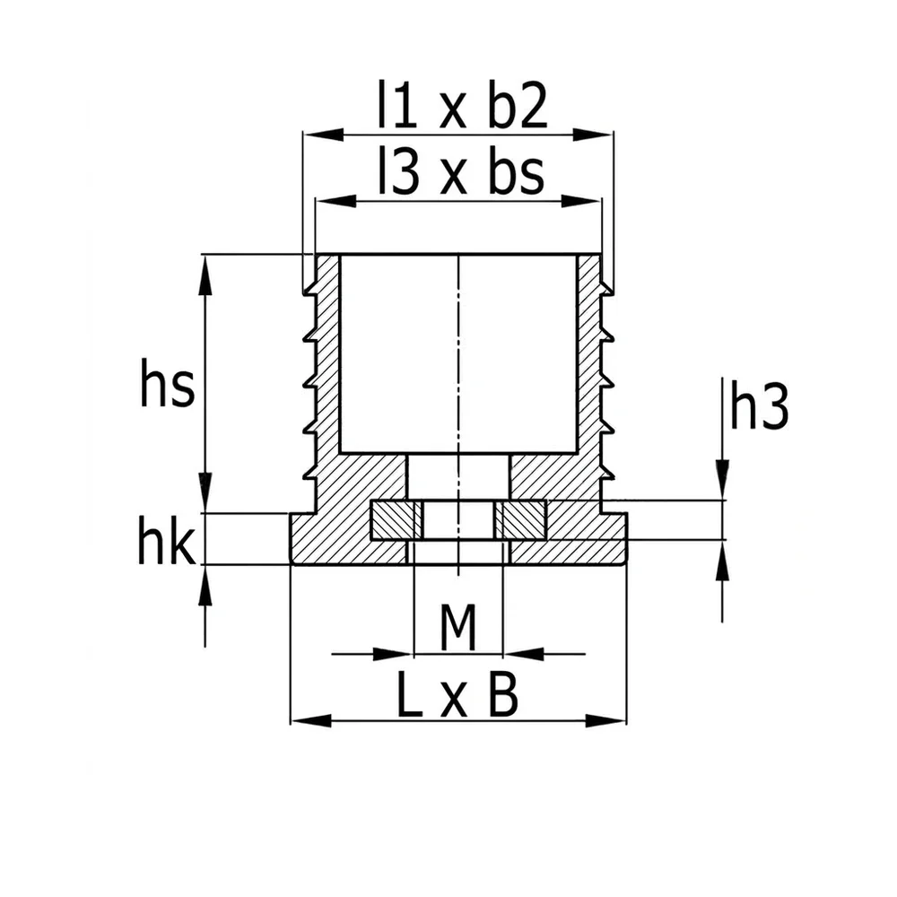 Plano acotado Contera rectangular con aletas PE 12x12mm - 1.0-2.0mm - M8 - Negro