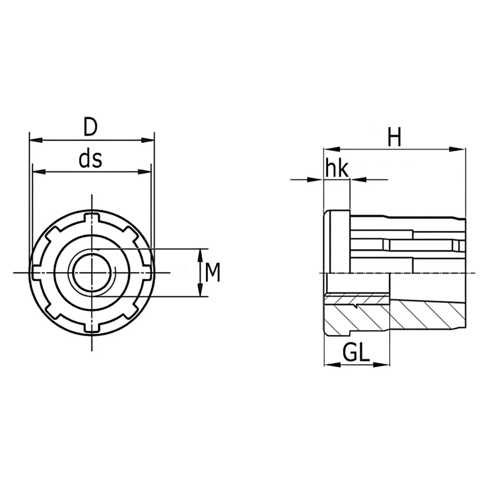 Plano acotado Contera redonda con aletas PA-GF Ø50.9mm - 2.0mm - manguito roscado - M16 - Negro