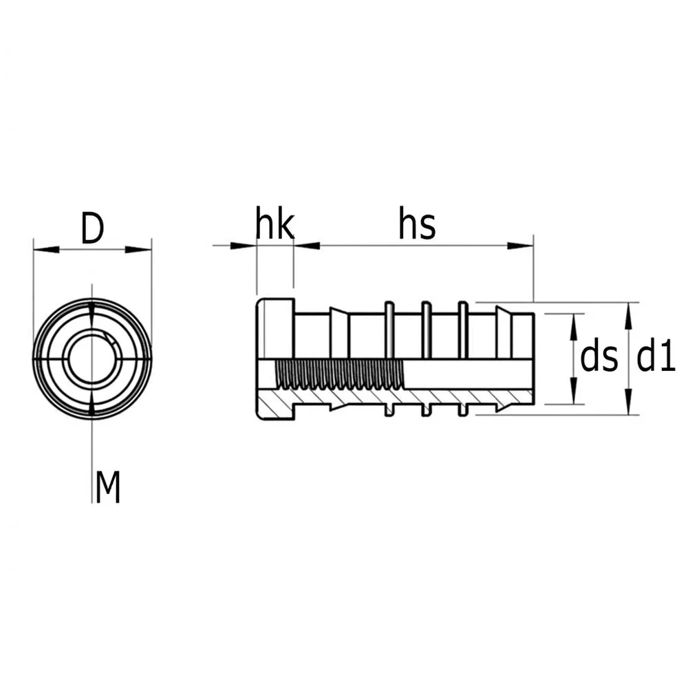Plano de dimensiones Contera redonda dividible con rosca de plástico
