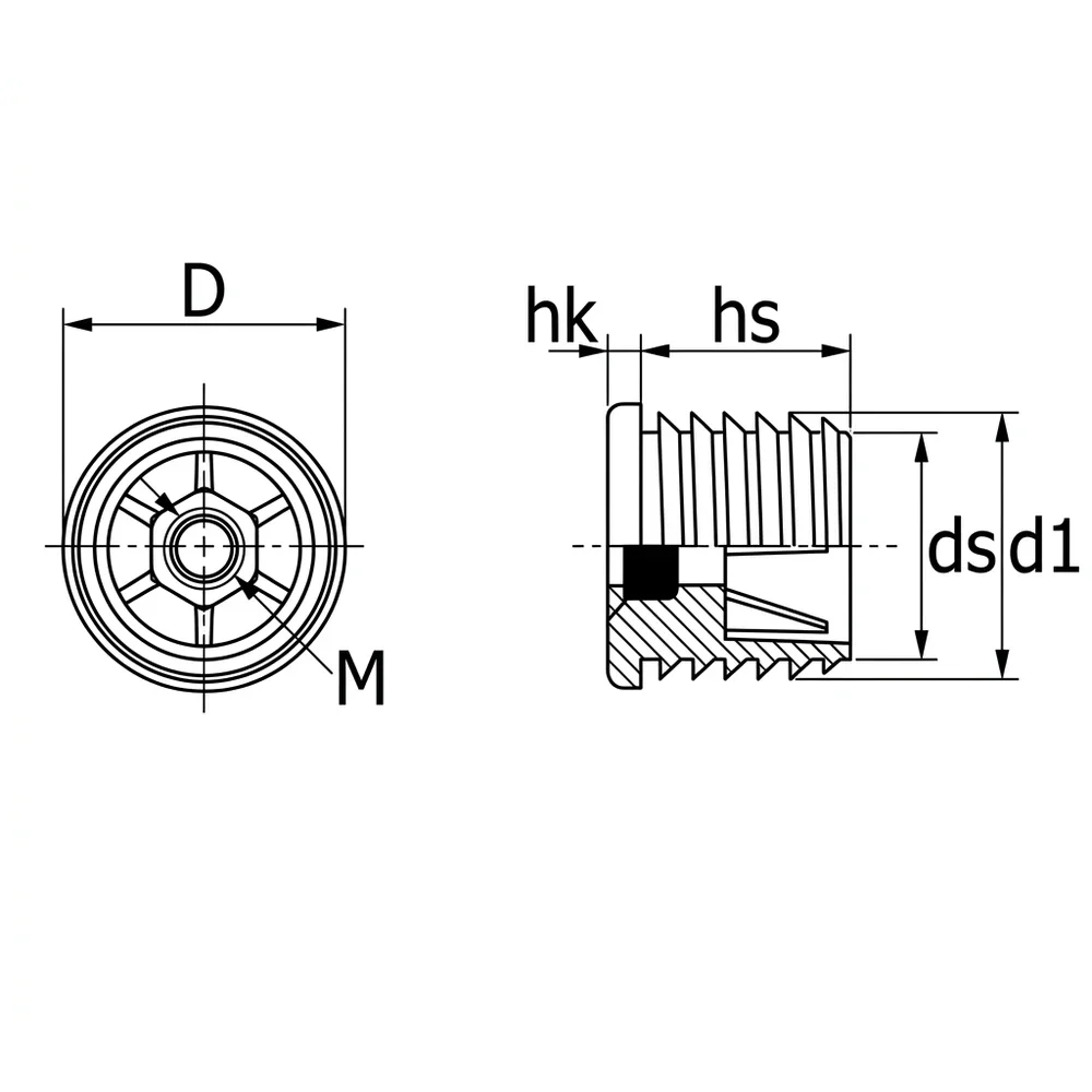 Plano de dimensiones Contera redonda con tuerca