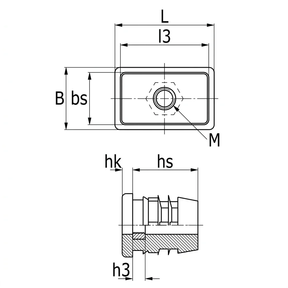 Plano de dimensiones Contera rectangular de dos piezas con rosca aparte