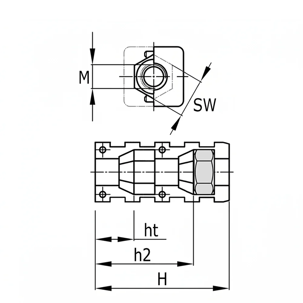 Plano acotado Conector expansible con casquillo roscado cuadrado PA 25x25mm - 1.5mm - con 2 tuercas - M10 -Negro