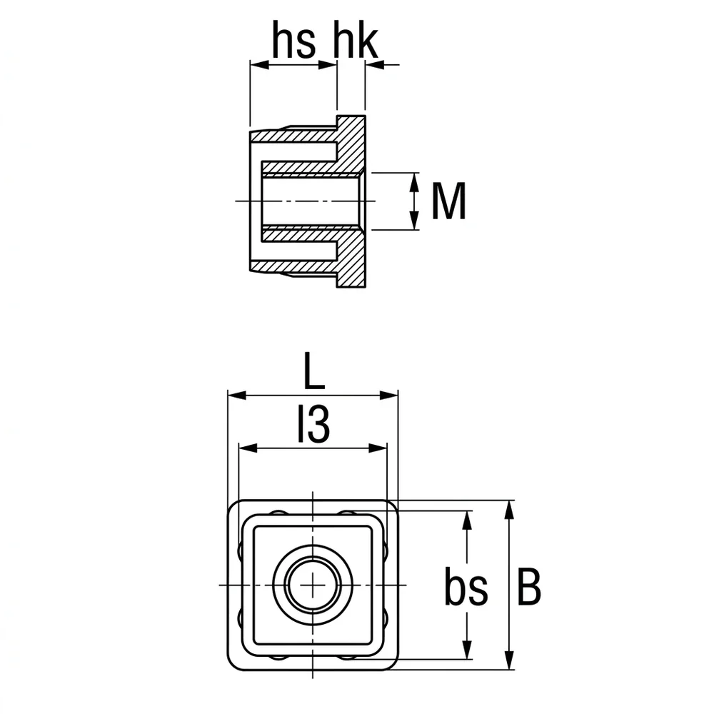 Plano de dimensiones Contera cuadrada de zinc fundido