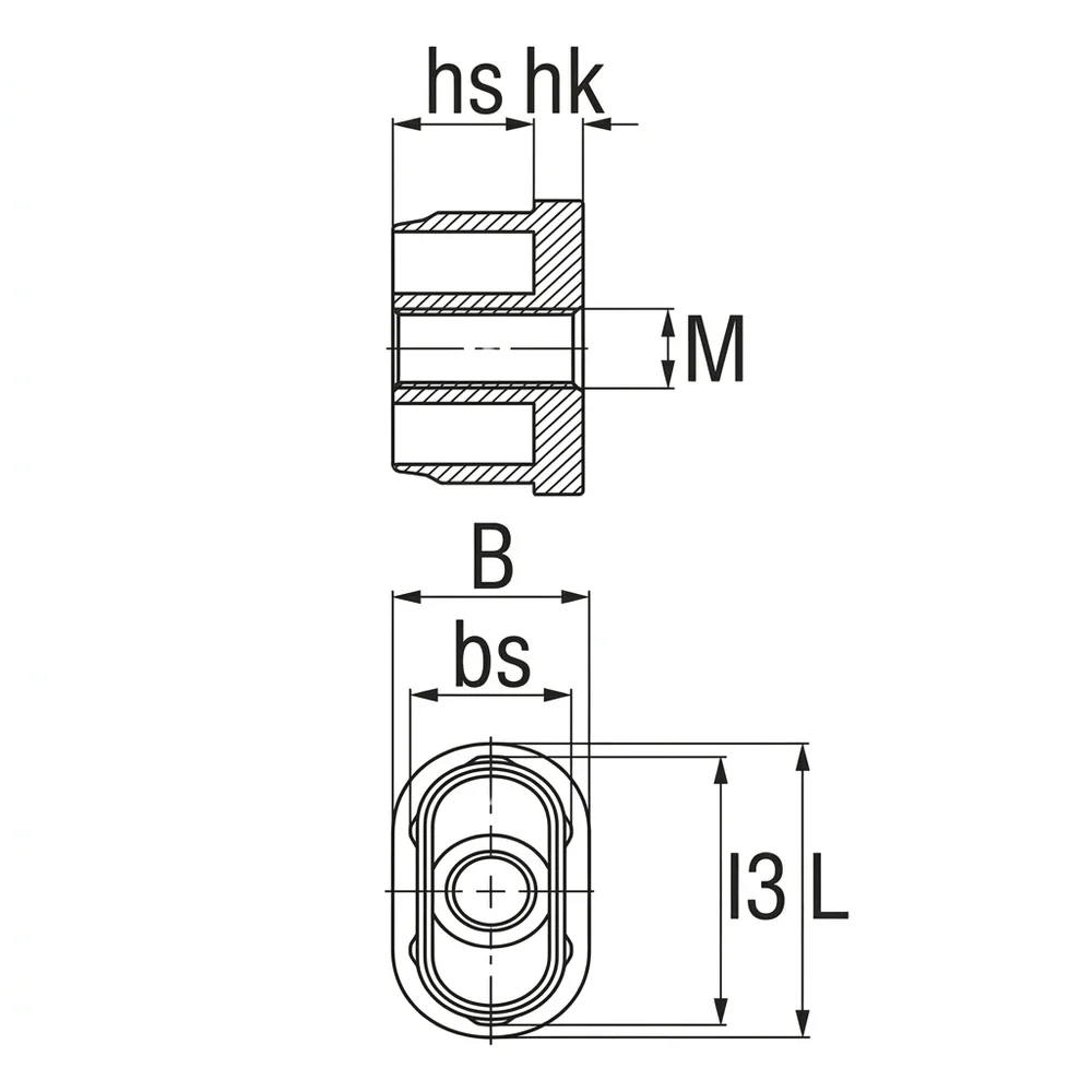 Plano acotado Contera ovalada con aletas con aleación de zinc 38x20mm - 1.5mm - rosca M10 - Zinc