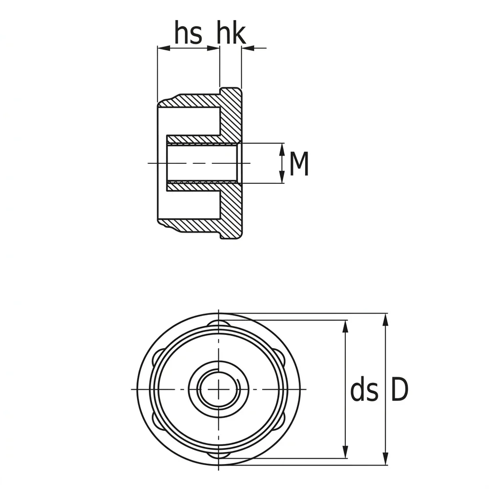 Plano acotado Contera aletada redonda Ø32mm - 1.5mm - tuerca metálica M10 - Zinc