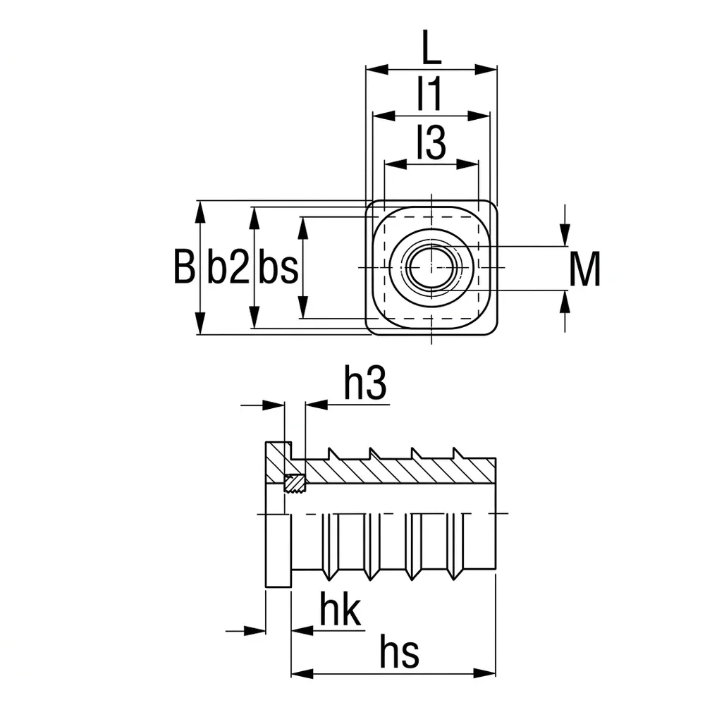 Dibujo técnico: Contera cuadrada con rosca insertada