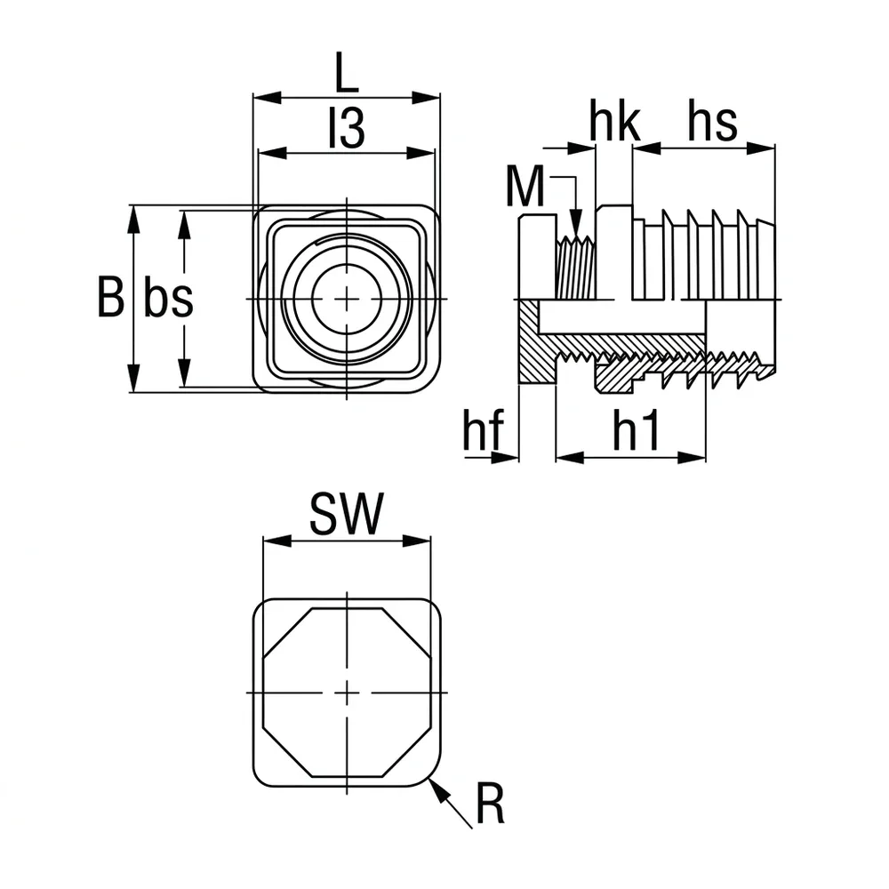 Dibujo técnico: Contera cuadrada ajustable