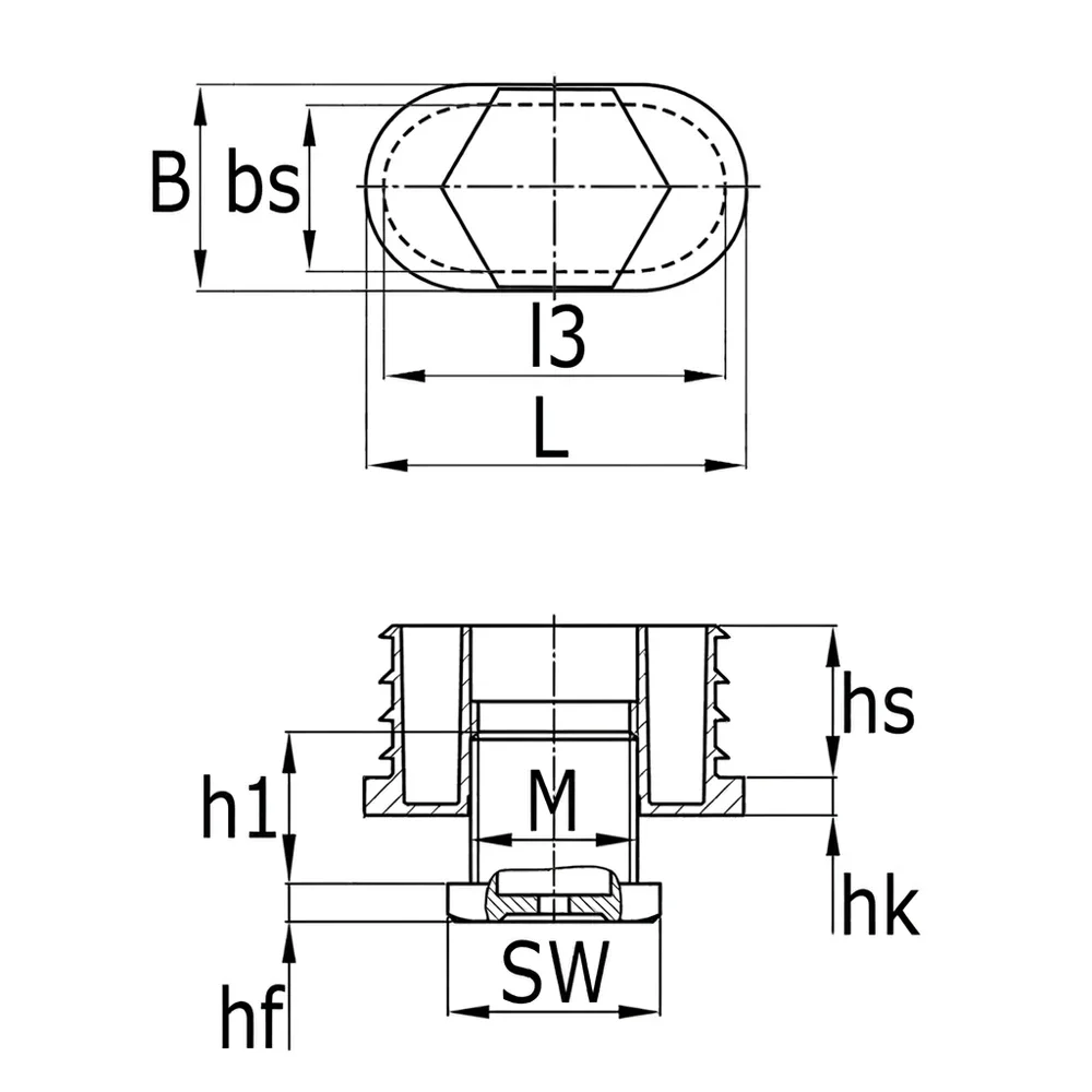 Plano de dimensiones Contera ovalada ajustable