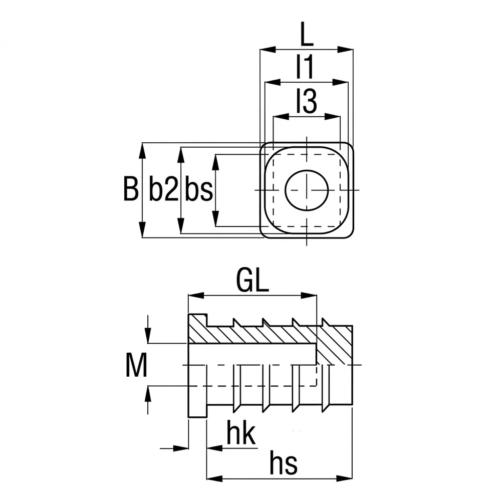 Plano acotado Casquillo rectangular para rueda PE 40x20mm - perforación Ø10mm - Negro