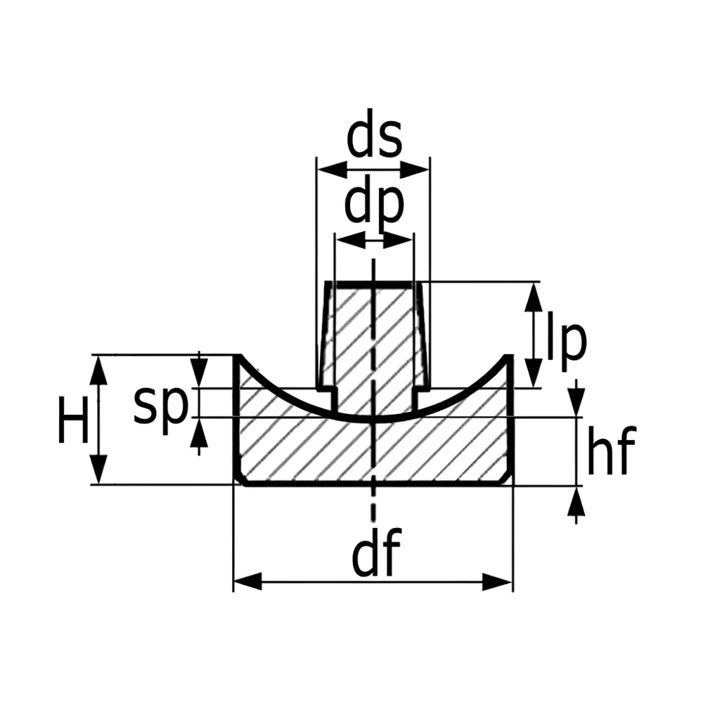 Plano de dimensiones Taco redondo hueco con espiga cónica
