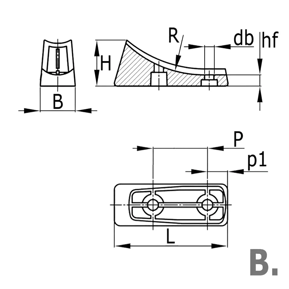 Dibujo técnico: Taco angular para tubos - 2 orificios
