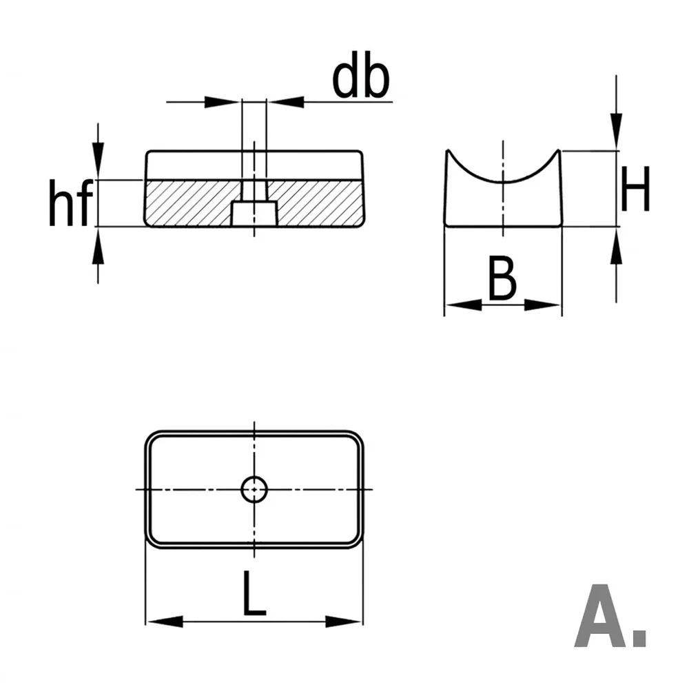 Plano de dimensiones Taco rectangular con orificio