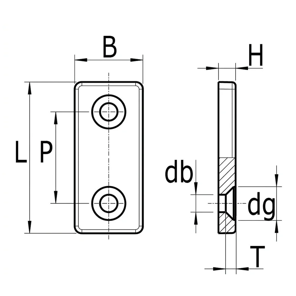 Plano acotado Placa deslizadora PE para tubo 40 x 20 x 4.9mm - perforación Ø9.5mm - Negro