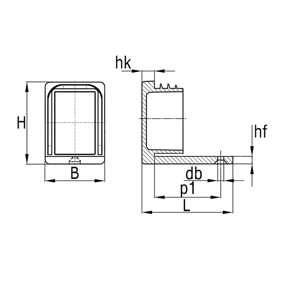 Dibujo técnico: Contera transversal inclinada para tubo rectangular
