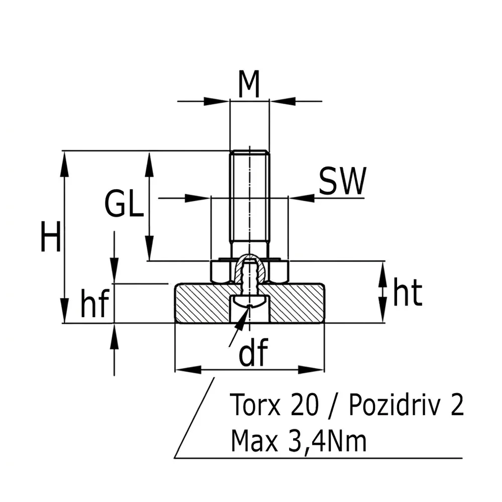 Dibujo técnico: Pie nivelador con base cilíndrica de plástico giratoria