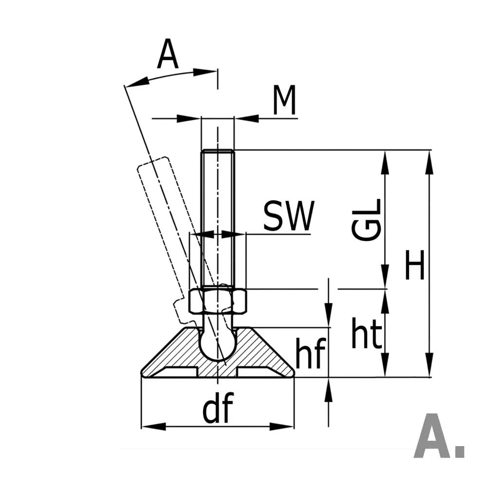 Dibujo técnico: Pie nivelador redondo con articulación esférica