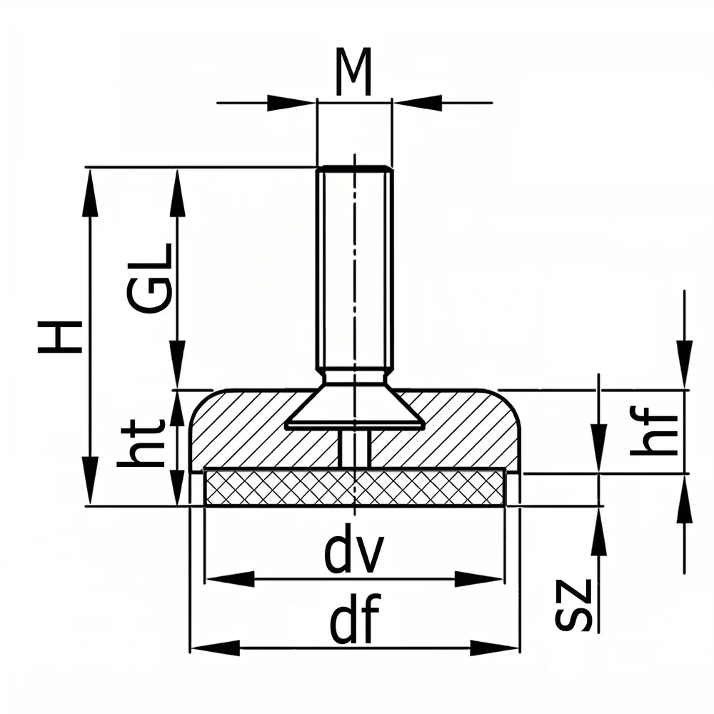 Dibujo técnico: Pie nivelador redondo Ø34mm con fieltro integrado