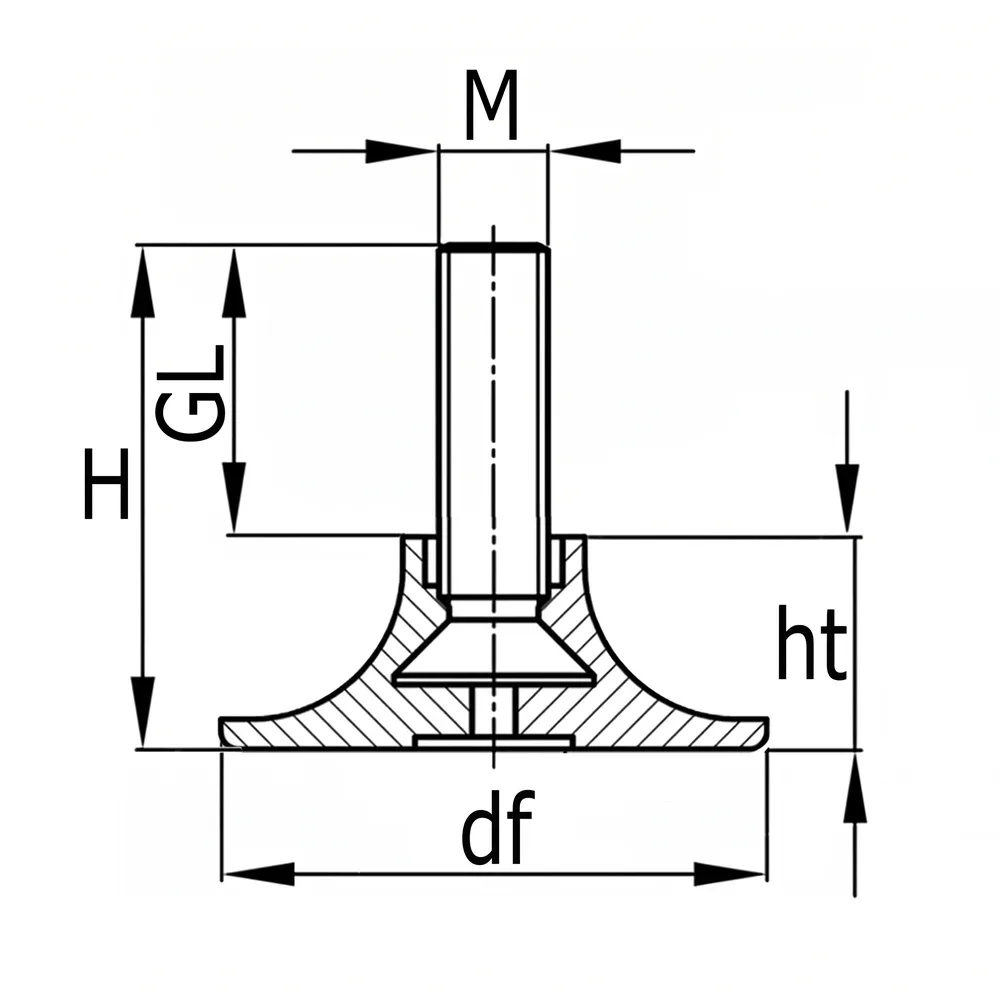 Dibujo técnico: Pie nivelador redondo Ø45 mm - cónico