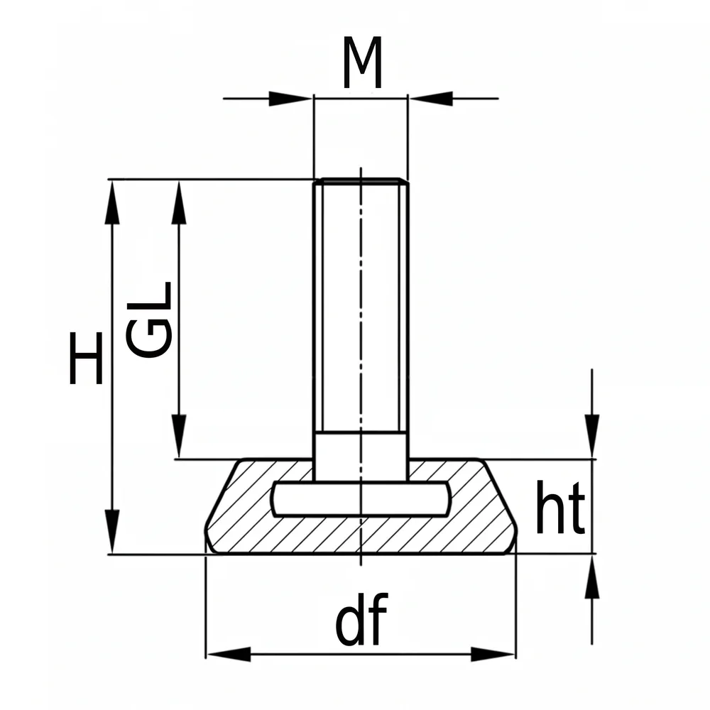 Dibujo técnico: Pie nivelador con base cónica gruesa Ø30 o Ø45mm