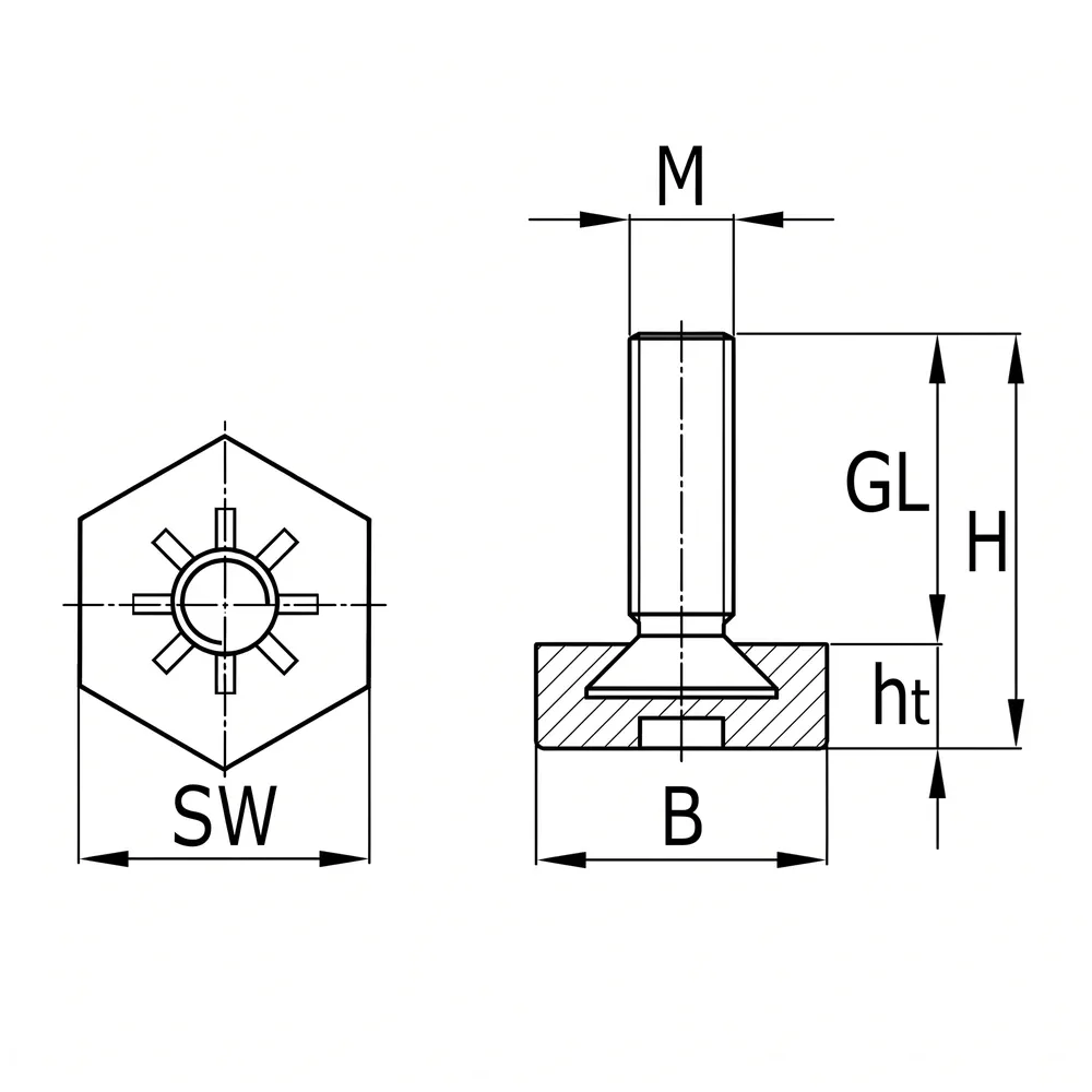 Dibujo técnico: Pie nivelador con base hexagonal