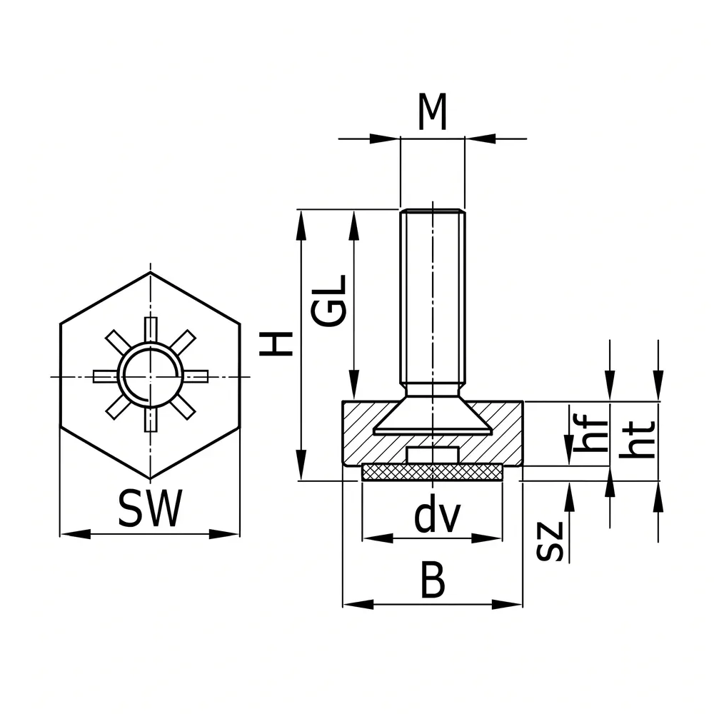 Dibujo técnico: Pie nivelador hexagonal con fieltro integrado