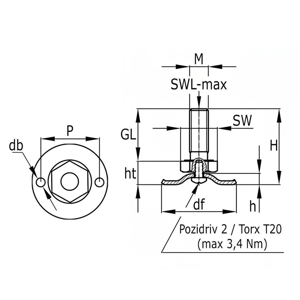 Dibujo técnico: Pie nivelador con base giratoria de acero galvanizado - con orificios de fijación
