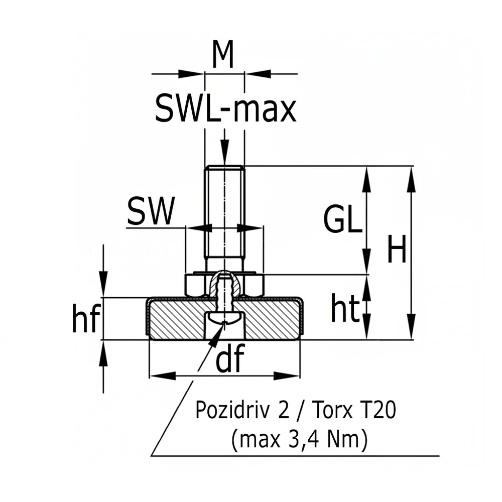 Plano de dimensiones Pie nivelador articulado con tapa de acero inoxidable