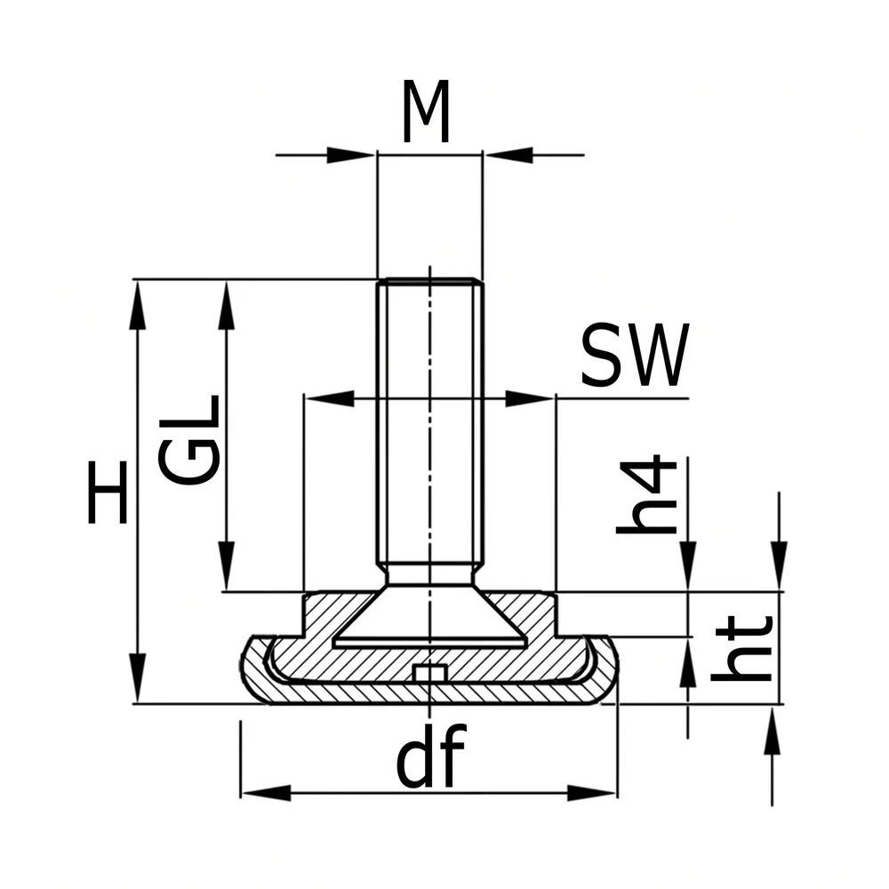 Dibujo técnico: Pie nivelador con base de deslizamiento en acero inoxidable