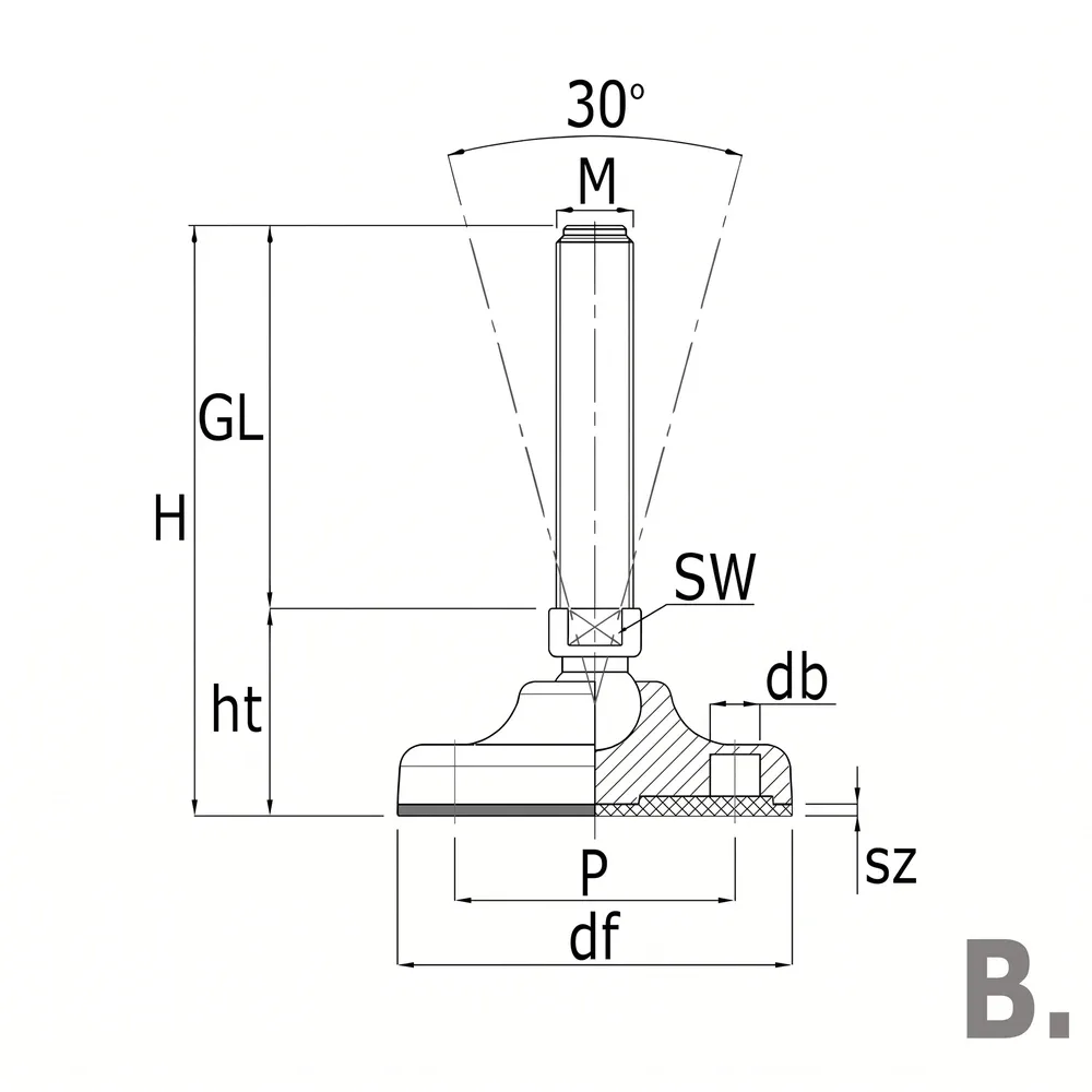 Dibujo técnico: Pie nivelador con rótula - alta resistencia - acero galvanizado