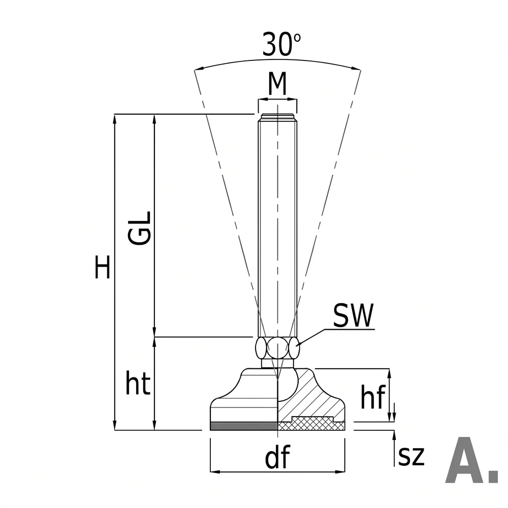 Plano acotado Pie nivelador de acero galvanizado con rótula redondo Ø40mm - M6x50- Zinc