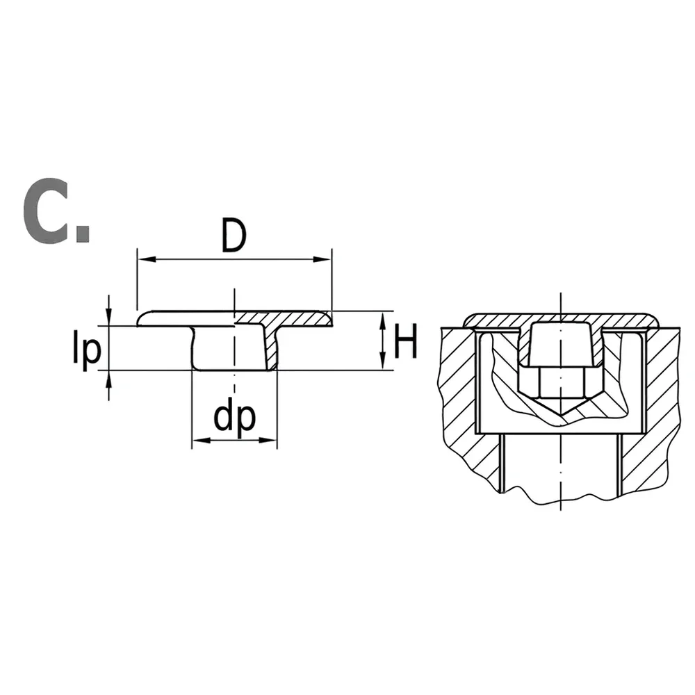 Plano acotado Tapón para hexágono interior PE-LD - Ø17.4-30.0mm - L=9.0mm - Gris