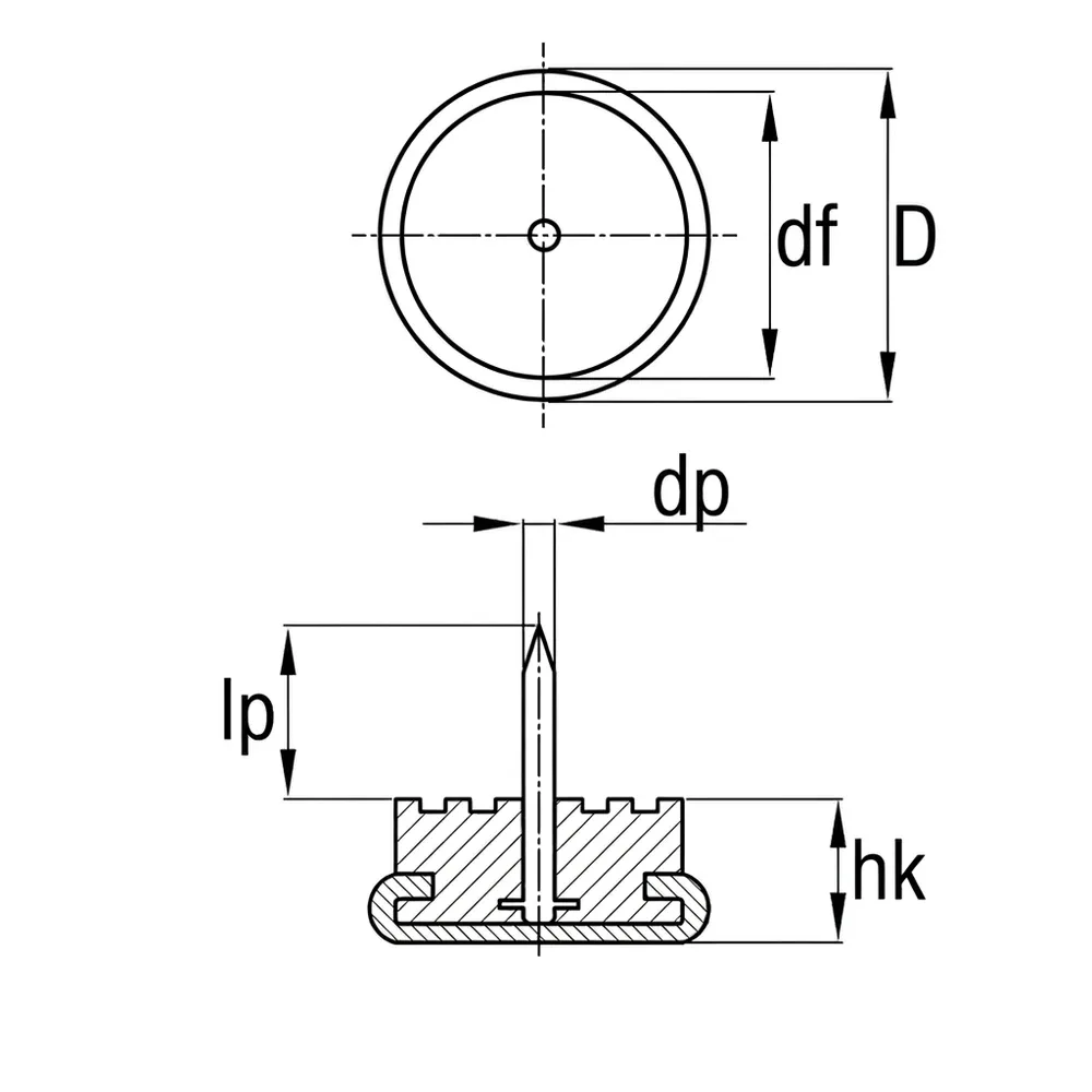 Dibujo técnico: Tope deslizante PVC con clavo y base niquelada