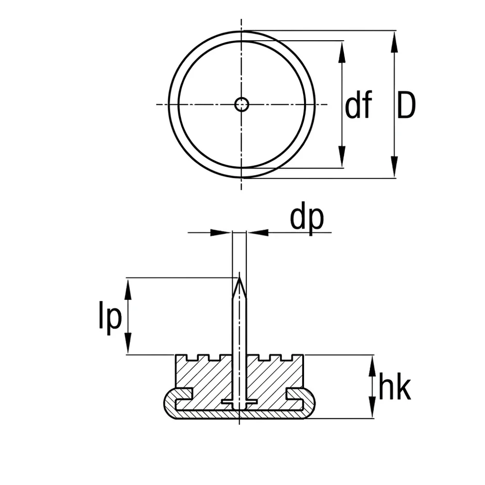 Plano acotado Tope deslizante redondo para mueble con clavo Ø25mm - niquelado - Negro