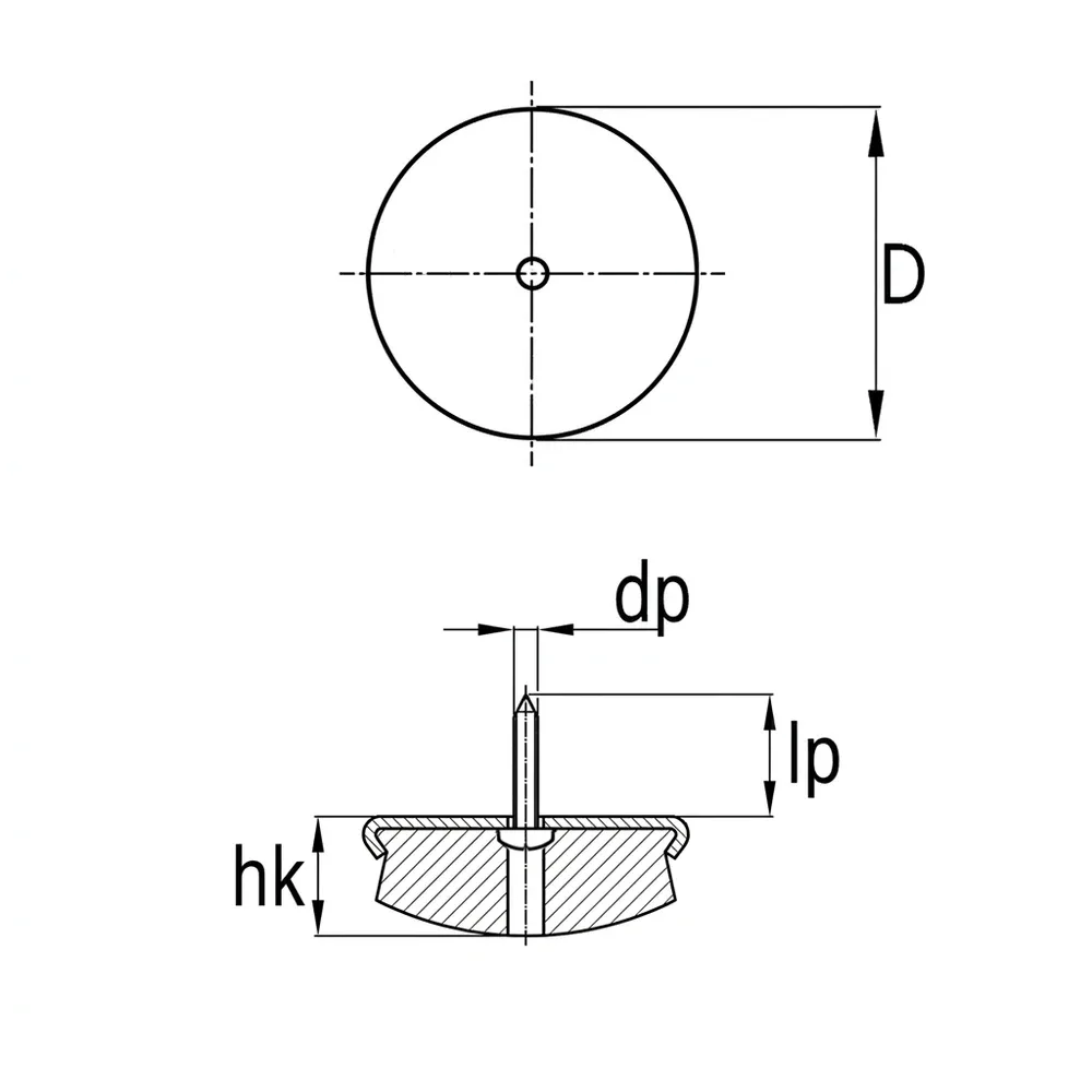 Dibujo técnico: Tope deslizante con tornillo en chapa metálica y fieltro - redondo