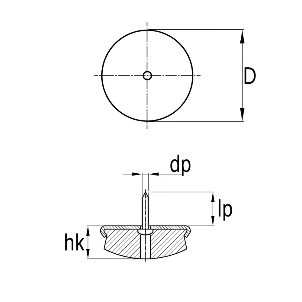 Plano de dimensiones Tope deslizante con tornillo en chapa metálica y fieltro - redondo