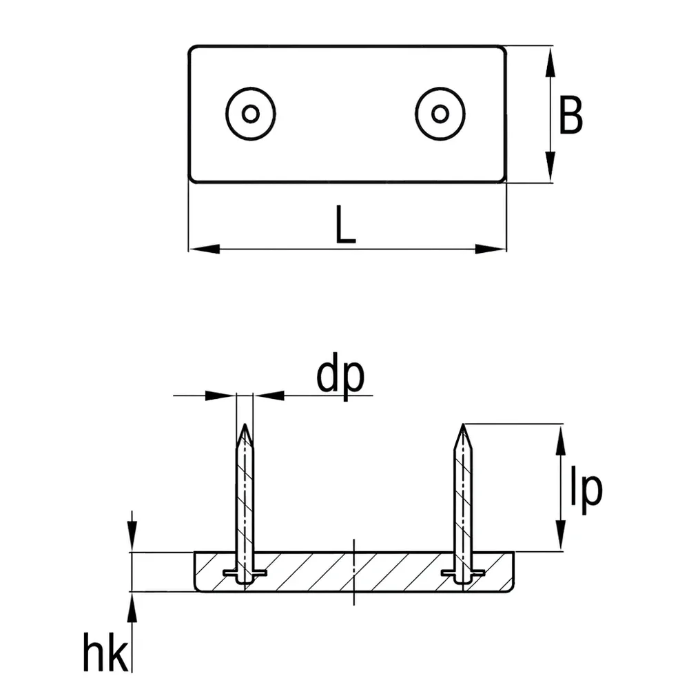 Dibujo técnico: Tope deslizador rectangular con clavo y base de plástico