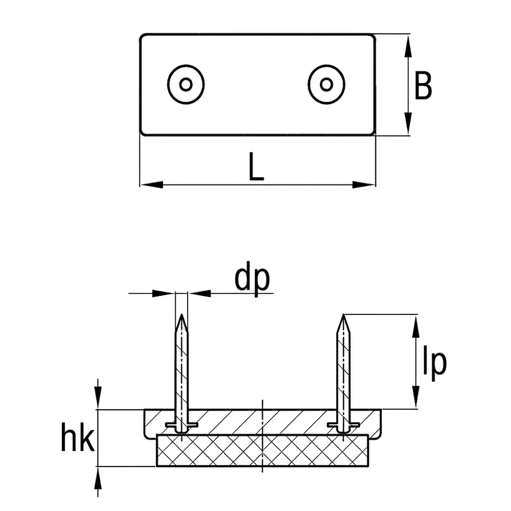 Dibujo técnico: Tope deslizante con clavo y fieltro - rectangular