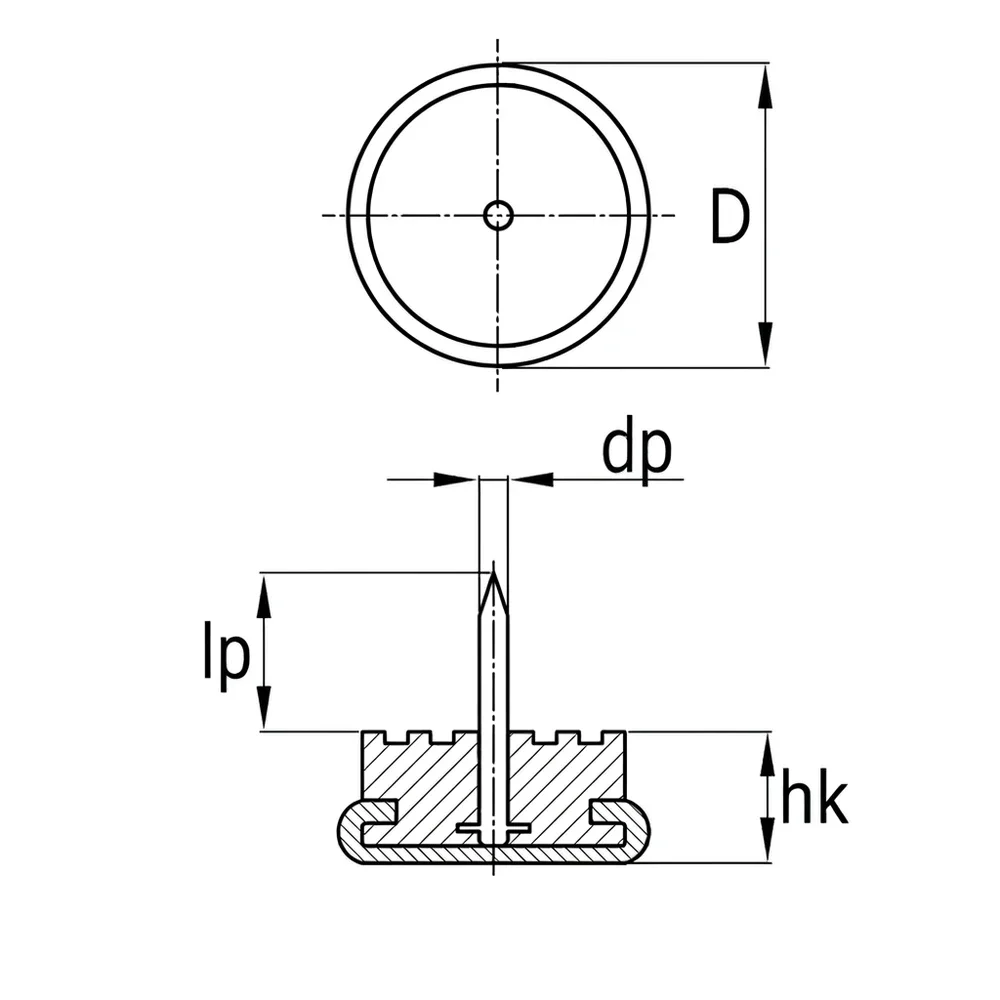 Plano acotado Tope deslizador redondo con clavo PVC Ø26mm - Acero inoxidable A2 (AISI 304) - Negro