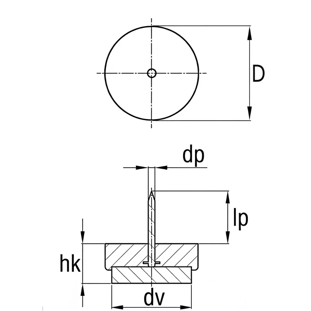 Plano de dimensiones Tope deslizante con clavo y fieltro compacto