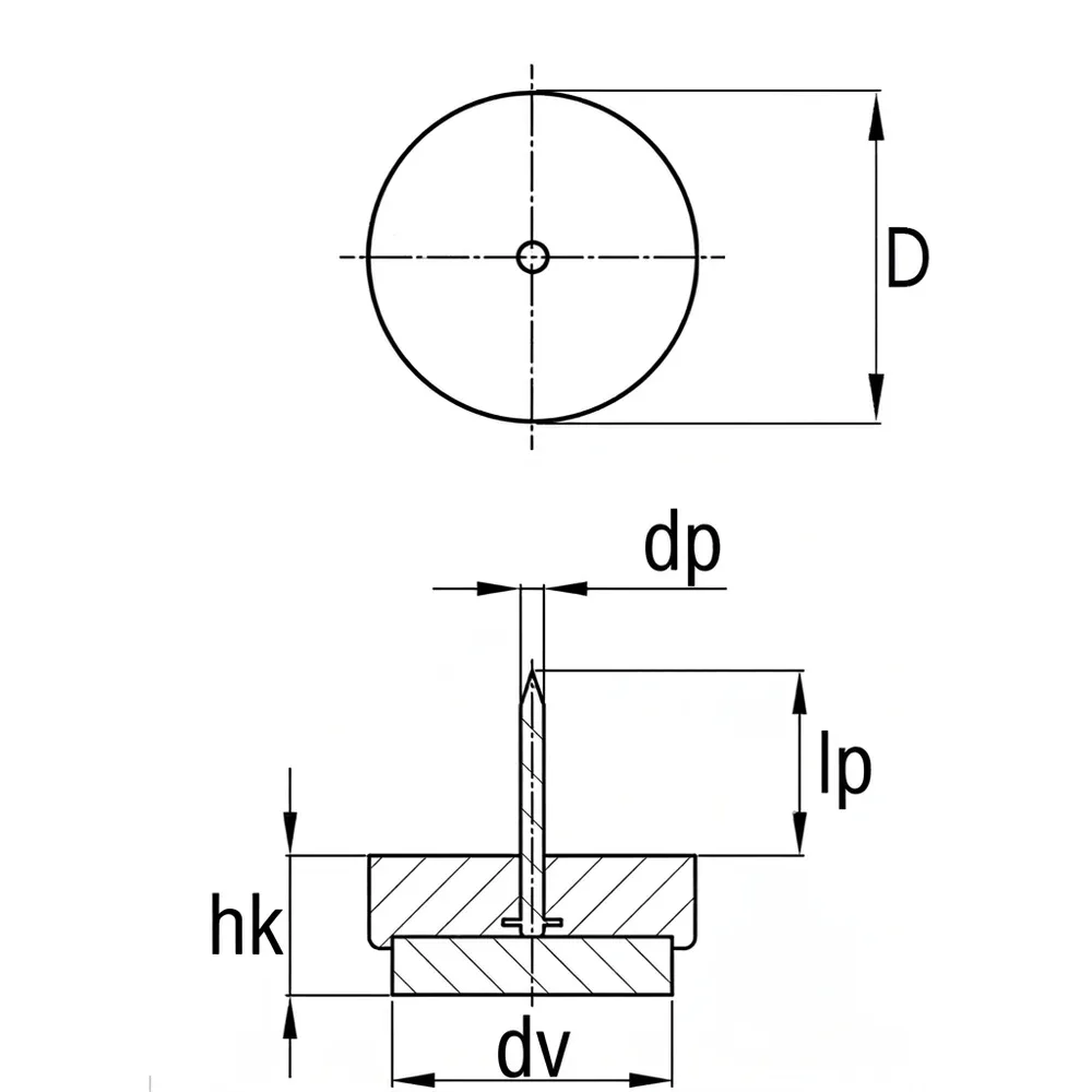 Dibujo técnico: Deslizador con clavo y fieltro