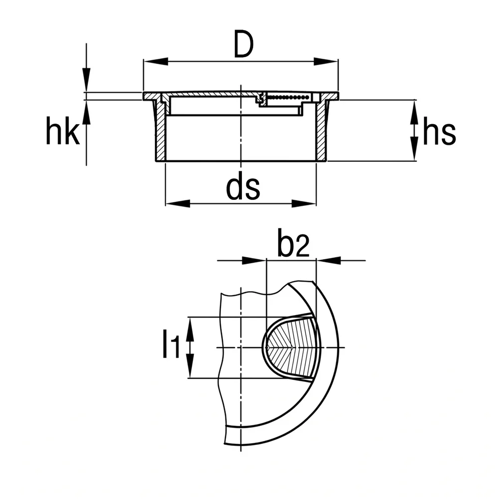 Plano acotado Pasacables redondo Ø60mm - Zn - Zinc fundido a presión - 2 partes - redondo Ø66mm - Negro